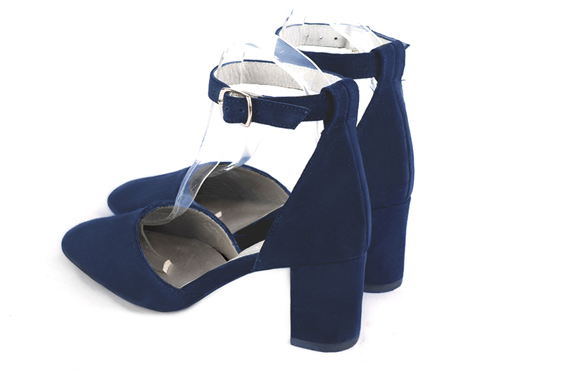 Navy blue women's open side shoes, with an instep strap. Square toe. Medium block heels. Rear view - Florence KOOIJMAN